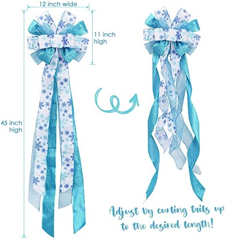 MEEDEE Blue Christmas Tree Topper 12" Wide Glitter Christmas Bows Snowflake Ribbon Bow Blue Tree Topper Bows for Christmas Tree Decorations (1 Pack) - Image 3