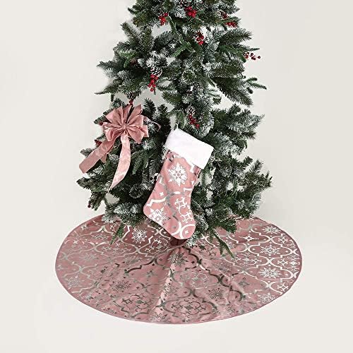 Flash World 52 Inch Large Christmas Tree Skirt Xmas Soft Cover Mat Decor Snowflake Collar Farmhouse Tree Skirt for Holiday Ornaments Party Home Indoor Decorations (Pink, 52inch) - Image 3