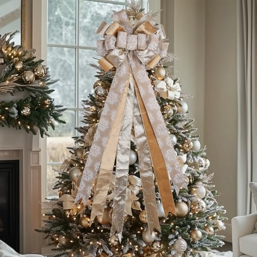 LaRibbons Large Gold Christmas Tree Topper Bow, 12"x45" Glitter Snowflake Ribbon Bow for Christmas Tree Decoration, Elegant Holiday Tree Ornament, Xmas Indoor Outdoor Decor - Image 4