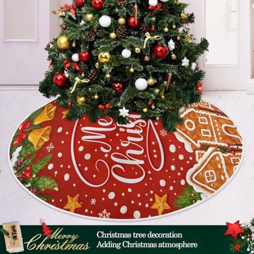 Gingerbread Holly Berry Bell Christmas Tree Skirt Large Xmas Tree Skirts Decorations 48 in Burlap Tree Mat Cover for 4 ft Trees Holiday Party - Image 2