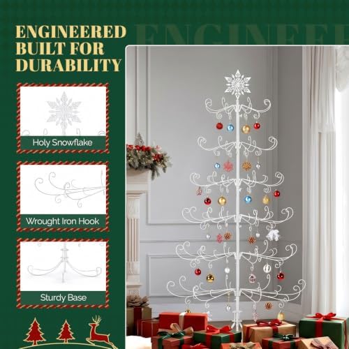 VINGLI 6ft Metal Christmas Ornament Tree Stand, Decorative Iron Display Tree w/ 192 Branches, Snowflake Topper, Ornament Display for Hanging Balls, Wrought Iron Xmas Tree Holiday Decorations, White - Image 5