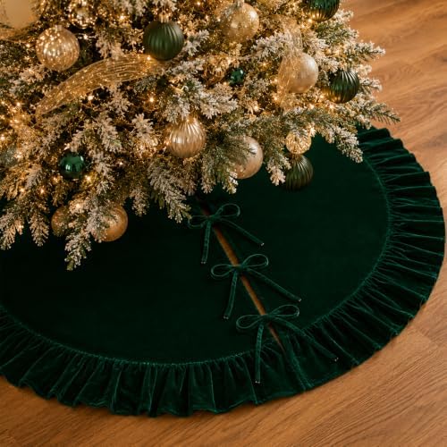 36 Inch Large Christmas Tree Skirt, Dark Green Velvet with Ruffled Edge for Big Trees Decorations for Home Party Festival by Amidaky