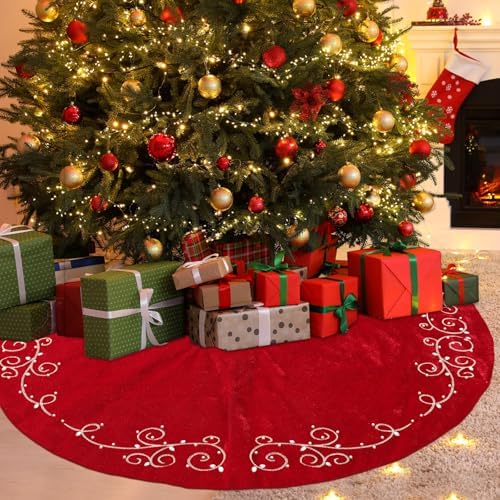 72inch Extra Large Christmas Tree Skirt Red Luxury Velvet Plush Fur Skirts Baroque Tree Skirts with Gold Embroidered Pearls and Crystals Trees Skirt for Christmas Holiday Party Home Decorations - Image 5