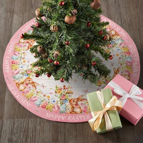 48 Inch Easter Tree Skirt Mat Short Plush Pink Bunny and Eggs Tree Skirts for Indoor Outdoor Easter Tree Decoration(Pink Bunny and Eggs) - Image 2