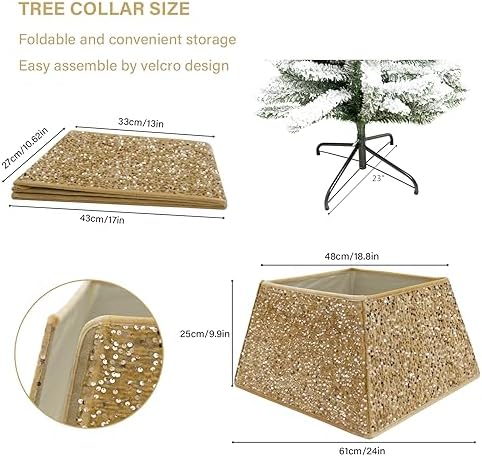 Champagne Gold Christmas Tree Collars for Atificial Trees, 24 Inch Sparkling Sequins Christmas Skirt, Base Cover,Holiday Home Decor Ring (Medium) - Image 2