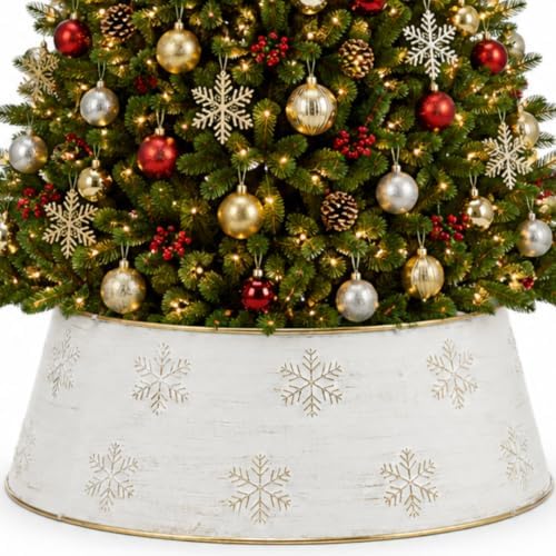 Snowflake White Christmas Tree Collar, Holiday Tree Skirt Alternative, Christmas Decorations for Tree, Decorative Metal Tree Ring, Fits Most Standard Tree Stands, White Snowflake Design by InSideOut