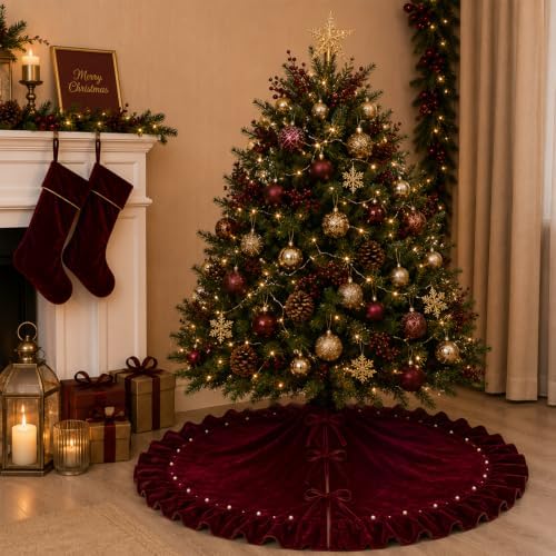 Wine Red Velvet Christmas Tree Skirt, 36 Inch Christmas Tree Skirt with Ruffled Edge and Pearl Trim - Image 3