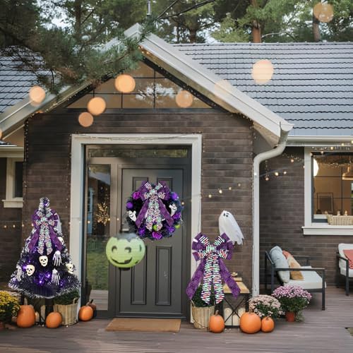 Large Halloween Tree Topper Bow, Purple Spider Web Wreath Bow - Image 4