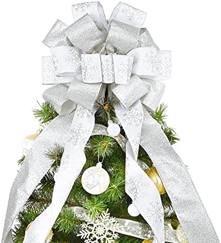 Christmas Tree Topper, 40x13 Inches Toppers Bow with Glitter Satin Mesh Streamer and Patterned Ribbon, Christmas Tree Topper Bow for Christmas Home Decoration (White) by CANGBI