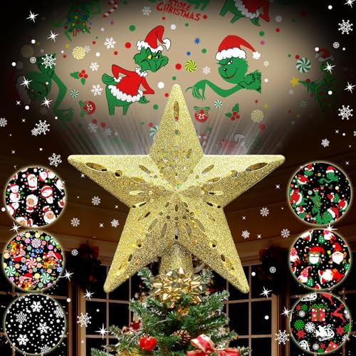 10" Christmas Tree Topper Projector with 6 Projection Modes, Built-in LED Rotating Light, 3D Glitter Dynamic Projector Light Up Tree Topper Star for Xmas Holiday Party Decorations Gifts (Gold) by Wafloter