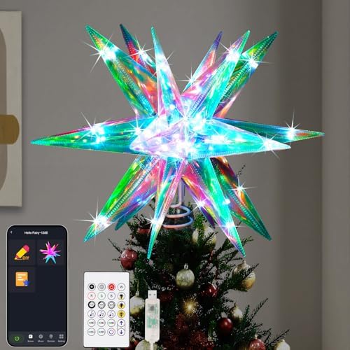Christmas Star Tree Topper, 13.8" Xmas Smart Tree Decorations, Crystal-Like 3D Polygonal Shell, App Control LED Christmas Light, Music Sync RGB Color Changing with Remote for Indoor and Outdoor Decor by VsMon-Fri