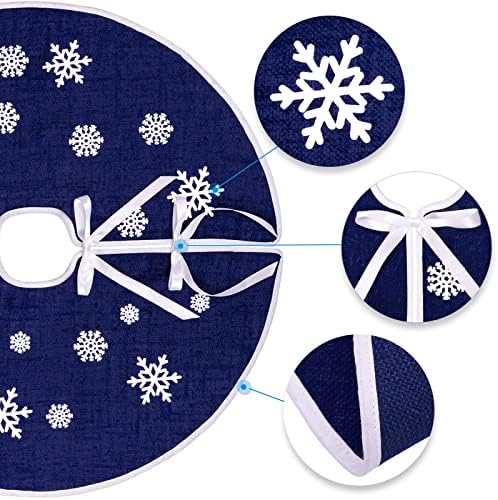 30 Inch Burlap Christmas Tree Skirt with White Snowflakes, Dark Blue - Image 3