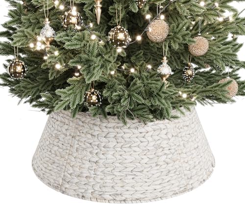 ELYKEN 28-Inch Woven Rattan Christmas Tree Collar, Stylish Hyacinth 5-Piece Tree Skirt for Artificial Trees, Wicker Tree Base Cover with Cord Cut-Out for Home Decor, Living Room Display, White Wash by ELYKEN