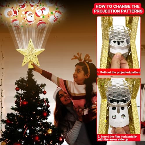 10" Christmas Tree Topper Star Lighted with 6 Projection Modes, Light Up Christmas Tree Topper Built-in LED Rotation Light, 3D Glitter Dynamic Projector Tree Top for Xmas Party Decorations Gift - Image 5