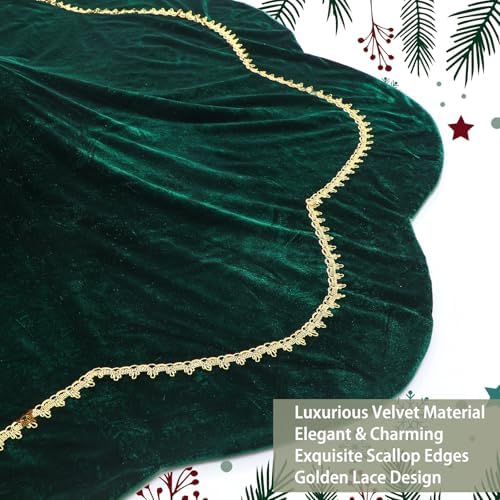 Arrowbash 72 Inch Green Christmas Tree Skirt Velvet Fur Scallop Tree Skirt Sparking Gold Lace Trim for Party Rustic Xmas Holiday Decorations All Year - Image 5