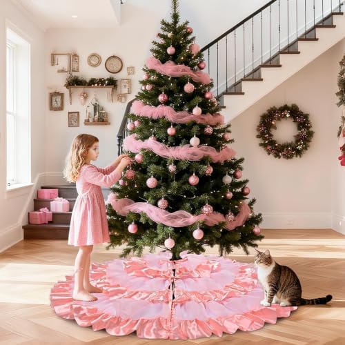 yuboo 48 Inch Pink Ruffle Tree Skirt for Fall Decorations, Pastel Tree Skirt for Wedding, White & Pink Layered Skirt for Artificial Trees, Seasonal Home Decor - Image 6
