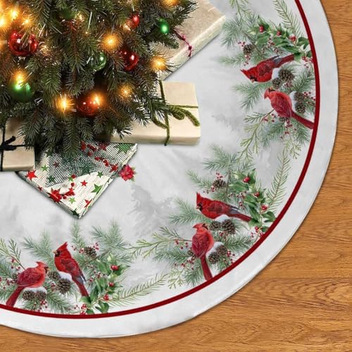 Cardinal Christmas Tree Skirt 36 Inch Red White Christmas Tree Decorations by GYHUAD