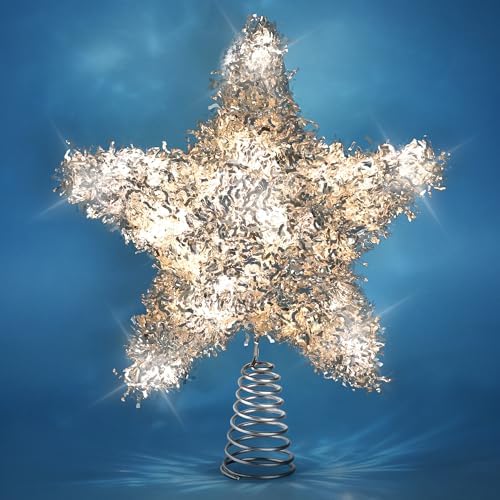 LAWOHO Christmas Tree Topper Star, Exquisite Christmas Decor, 10 Inch Shiny Silver Christmas Tree Decoration with 6H Timer, 20 Warm LED Lights for Xmas Tree, Holiday & Party, Indoor Decor by LAWOHO