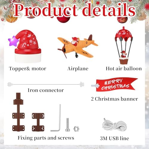 Realspring Christmas Animated Tree Topper, Santa Hat Hot Air Balloon Plane - Image 2