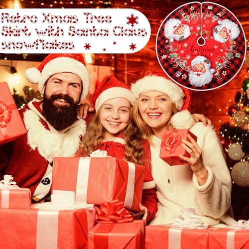 Vintage Santa Claus Christmas Tree Skirt 48 Inch Red Buffalo Plaid Xmas Tree Skirt with Santa Reindeer Snowflake for Indoor Outdoor Farmhouse Merry Christmas Holiday Party Decor - Image 5