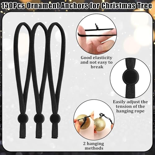 JUNEBRUSHS 150Pcs Black Ornament String for Christmas Tree, Adjustable Ribbon Hangers Christmas Ties String Ribbon Loops for Ornament Hanging Tree Decorations - Image 2
