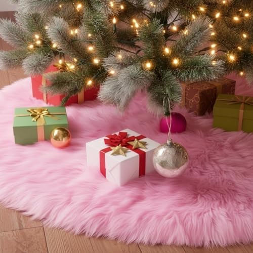 CHICHIC 48 inch Christmas Tree Skirt Faux Fur Xmas Tree Skirt Christmas Decorations Holiday Tree Ornaments Tree Decoration for Christmas Home Decorations, Xmas Party Holiday Decorations, Pink - Image 4