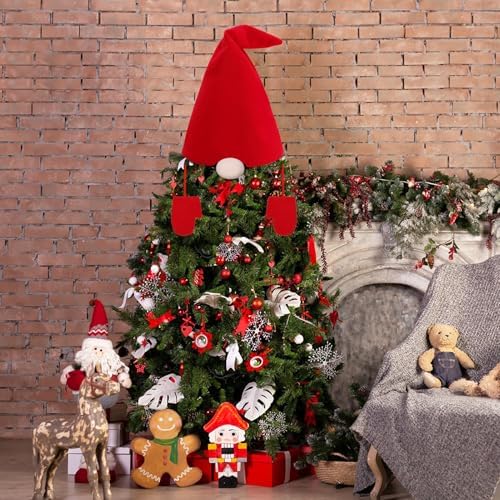 Gnomes Hat Tree Topper - Christmas Santa Hat Bush Kit with Nose Gloves, Swedish Scandinavian Tomte Plush Ornaments Gifts Decor for Xmas Home Decorations - Image 7