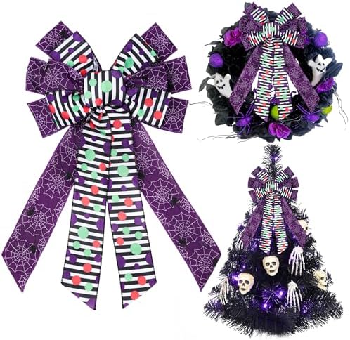 Large Halloween Tree Topper Bow, Purple Spider Web Wreath Bow by HIENAJ