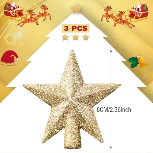 Hanaive 3 Pcs Mini Christmas Tree Topper Small Star Christmas Treetop Ornaments for Mini Tree Holiday Decorative Star for Xmas Home Decor(2.36 Inch,Glitter Gold) - Image 2