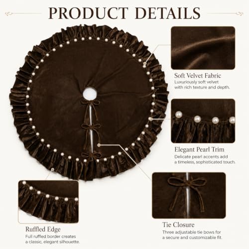 Dark Brown Velvet Christmas Tree Skirt, 36 Inch Christmas Tree Skirt with Ruffled Edge and Pearl Trim - Image 6