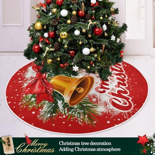 Christmas Bells Bow Christmas Tree Skirt Large Xmas Tree Skirts Decorations 48 in Burlap Tree Mat Cover for 4 ft Trees Holiday Party - Image 2