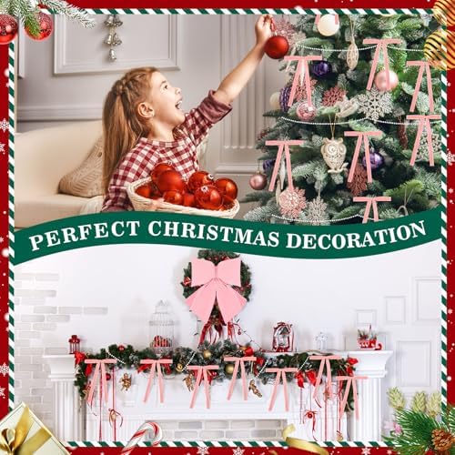 Pink Valentines Day Christmas Tree Decoration Set Include 24 Pcs Velvet Ornaments Bows with Pink Bow Tree Topper, 16.4 FT White Pearl Beads Garland for Valentines Day Garland Wreath Holiday Decor - Image 3