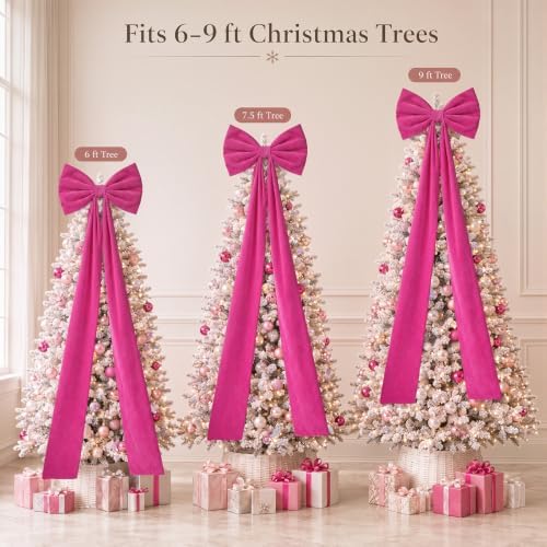 Knitgrip 20 x 71 Inches 1 Pack Christmas Extra Large Velvet Bows Christmas Tree Topper Bow Decor Giant Xmas Front Door Bows with Long Streamers for Home Wreath Wall Backdrop Party (Rose Red) - Image 3