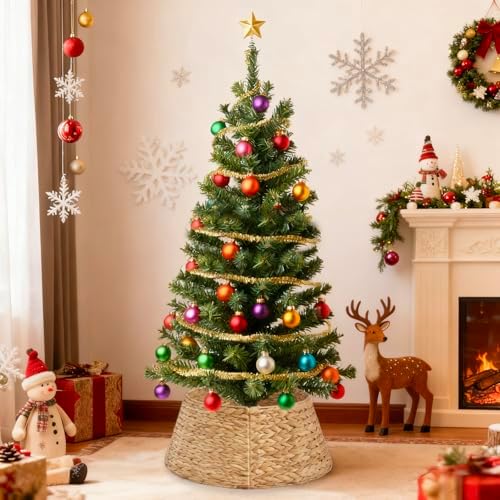 Sweetcrispy 42inch Christmas Tree Collar for 9ft to 12ft Trees, Woven Hyacinth Rattan 4-Panel Collar w/Cord Access Hole & Easy Lock Design, Handwoven Natural - Image 3