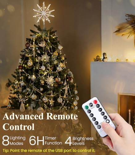 Luxspire Christmas Tree Topper, Lighted Star Tree Topper with USB Remote Control, 10"Clear Metal Christmas Decorations Lights,Light Up Xmas Tree Star Vintage Modern Ornaments for Home Party, Champagne - Image 4
