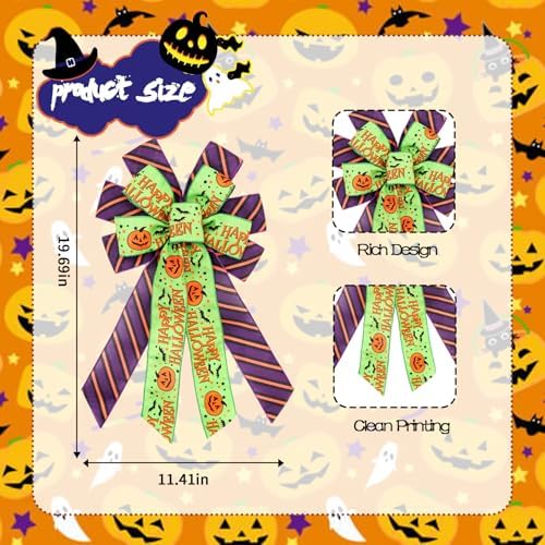 Large Halloween Pumpkin Tree Topper Bow, Green Purple Wreath Bow - Image 2