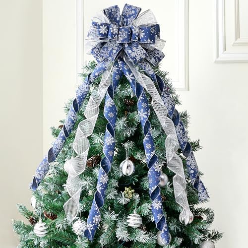 JOIEDOMI 45 Inch Christmas Tree Topper Wreath Bow, Blue and Silver Ribbon Ornaments with Snowflakes and Glitter, Large Gift Decor for Xmas Holiday Themed Decoration Home Parties Wedding - Image 6