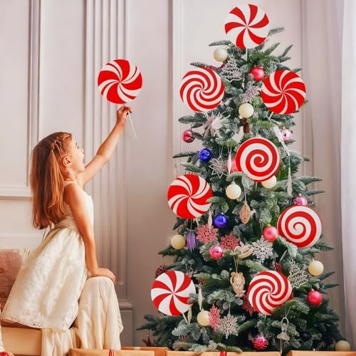 12Pcs Large Candy Christmas Tree Decorations Peppermint Lollipop Christmas Picks for Tree, 7.87" Red and White Candy Ornaments, Plastic Candyland Tree Topper for Xmas Holiday Party Vase Decor - Image 2