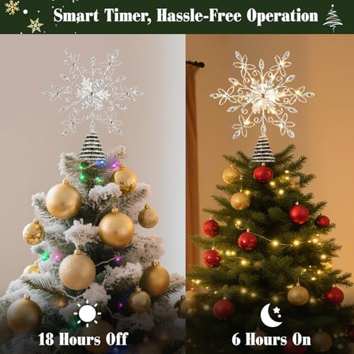Lewondr Christmas Snowflake Tree Topper with Lights and Gem, White - Image 3