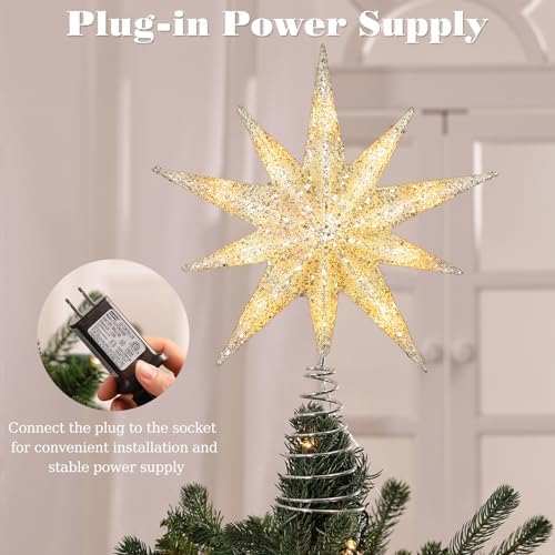 Lewondr Christmas Tree Topper Star, 13inch 10-Point Light Up Xmas Star Treetop with Plug and Remote Control for Home Christmas Decoration, 6H Timer & 8 Lighting Modes, Warm Light, Silver - Image 4