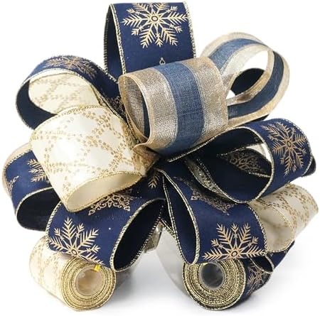11" sq. Christmas Tree Topper Bow with 4 Tails (3 Yards Long Each) Royal Navy Blue and Gold Snowflake for X'Mas D'ecor Wreath Luxury Gift by Traico
