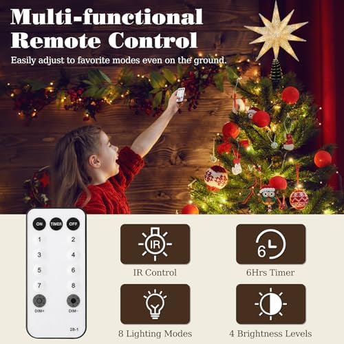Lewondr Christmas Tree Topper Star, 13inch 10-Point Light Up Xmas Star Treetop with Plug and Remote Control for Home Christmas Decoration, 6H Timer & 8 Lighting Modes, Warm Light, Silver - Image 3