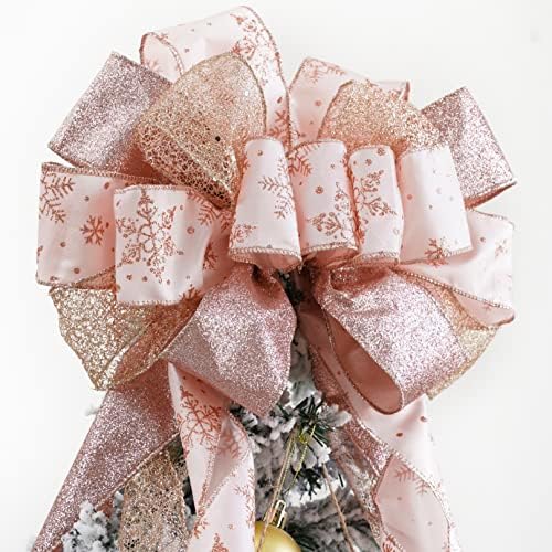 MEEDEE Rose Gold Christmas Tree Topper Rose Gold Glitter Christmas Bows 12" Wide Snowflake Ribbon Bow Rose Gold Christmas Bows Rose Gold Christmas Topper Rose Gold Bows for Christmas Tree (1 Pack) - Image 5