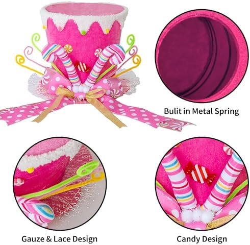 Christmas Tree Topper Hat, Candy Canes Tree Topper, Pink Tree Topper Christmas Decorations with Bow Ribbon Christmas Tree Ornaments for Home Decor - Image 3
