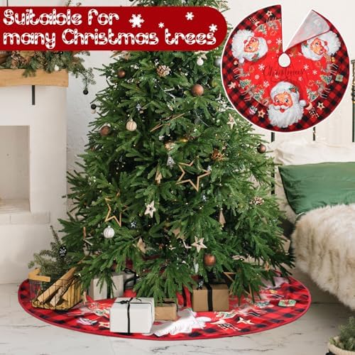 Vintage Santa Claus Christmas Tree Skirt 48 Inch Red Buffalo Plaid Xmas Tree Skirt with Santa Reindeer Snowflake for Indoor Outdoor Farmhouse Merry Christmas Holiday Party Decor - Image 3