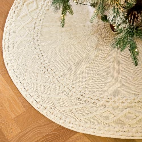 48 inch White Knitted Christmas Tree Skirt by Noiclub
