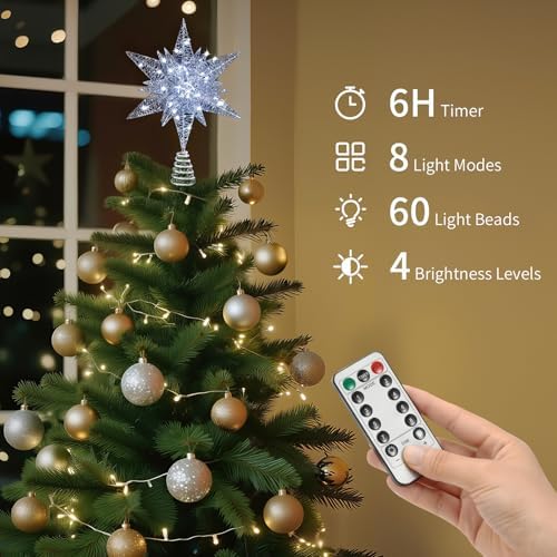 Lewondr Christmas Star Tree Topper, 14.6" Lighted Glitter 3D Star Treetop - Image 2
