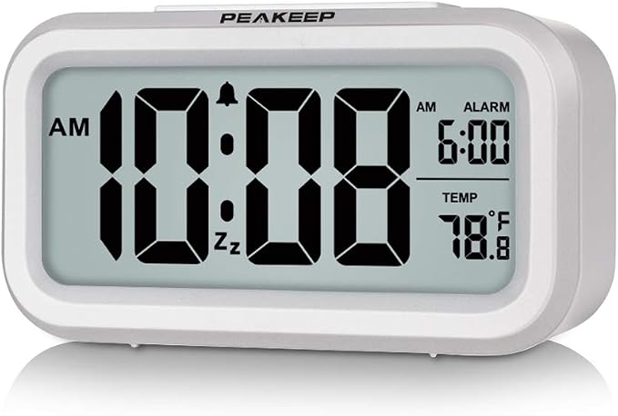 Peakeep Night Light Digital Alarm Clock Battery Operated Indoor Temperature | Small Cordless Cute Clock for Bedroom Desk Travel, Simple to Use for Teens Kids (White) by PEAKEEP