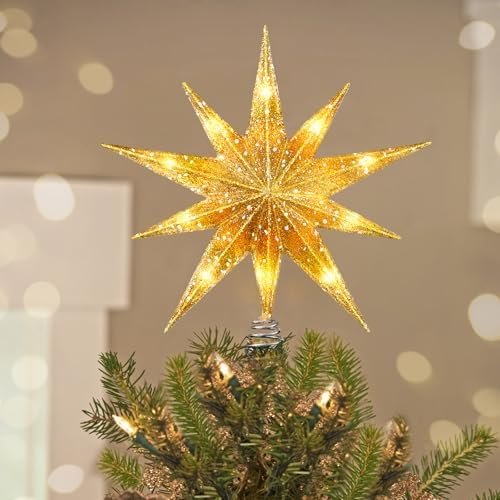 Luxspire Christmas Tree Topper, Lighted Star Tree Topper with USB Plug-in & Remote Control, 9.8" Christmas Tree Star Lights for Home Holiday Decor, 6H Timer & 8 Lighting Modes, Gold by Luxspire
