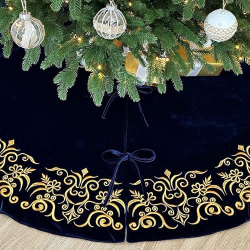 72-Inch Victorian Velvet Christmas Tree Skirt with Gold Damask Embroidery and Plush Lace Ties, Royal Blue - Image 4